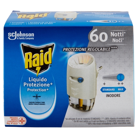 Raid Liquido Elettrico Protezione+ Antizanzare, Inodore, 60 Notti, 1 Diffusore e 1 Ricarica 36 ml